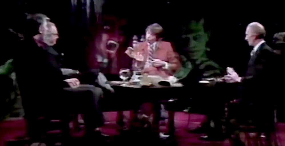 Left to right: Leonard Wolf, Forrest J Ackerman, host Tom Snyder, and Peter Cushing on the Tomorrow Show set.